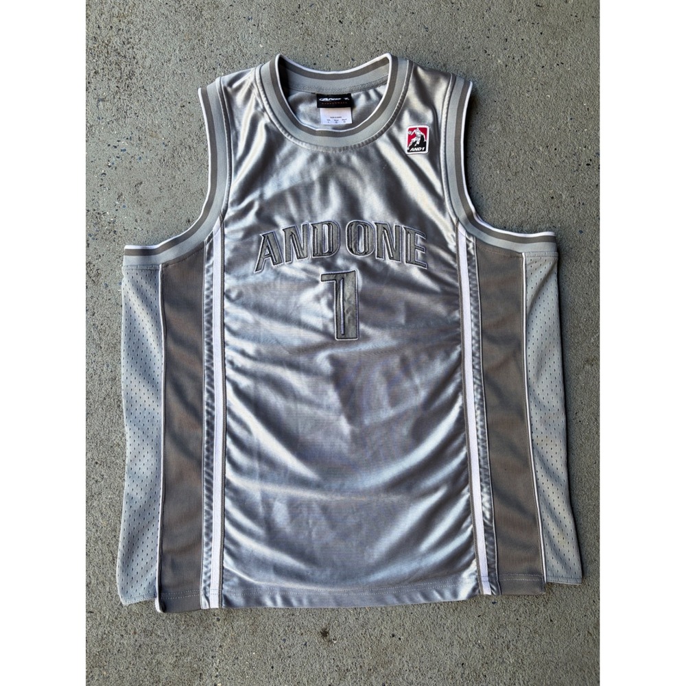 Vintage Y2K AND1 Basketball Jersey Silver Metallic Player 1 Embroidered Large